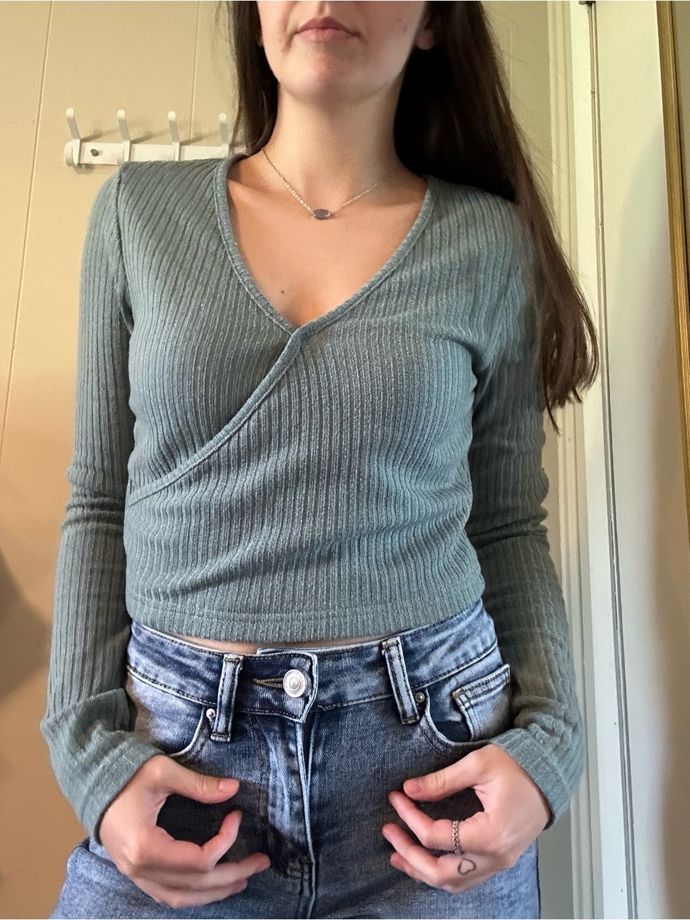 SHEIN Ribbed Wrap-Front Long Sleeve Top